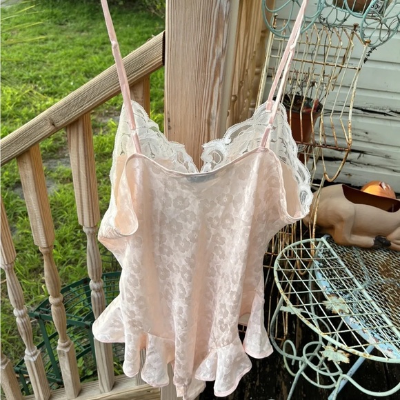 Henri Pierre Peach Floral Slinky Satin Lace Teddy Sz L Ruffle Hem Vintage 80 90s - Picture 5 of 6